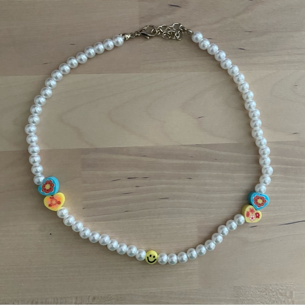 Handmade pearl smiley face beaded necklace
